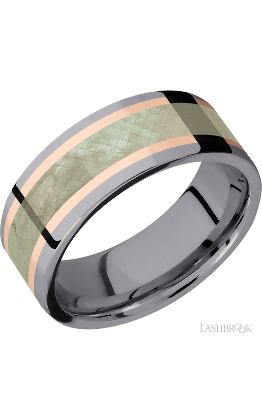 8 mm wide/Flat/Tantalum band featuring inlays of 14K Rose Gold and Freshwater Mother of Pearl.