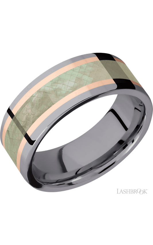 8 mm wide/Flat/Tantalum band featuring inlays of 14K Rose Gold and Freshwater Mother of Pearl.