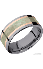 8 mm wide/Flat/Tantalum band featuring inlays of 14K Rose Gold and Freshwater Mother of Pearl.