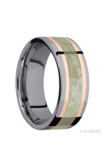 8 mm wide/Flat/Tantalum band featuring inlays of 14K Rose Gold and Freshwater Mother of Pearl.
