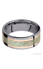 8 mm wide/Flat/Tantalum band featuring inlays of 14K Rose Gold and Freshwater Mother of Pearl.