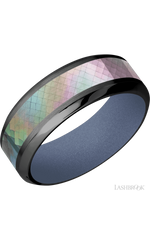8 mm wide/High Bevel/Zirconium band with one 4 mm Centered inlay of Black Mother of Pearl also featuring a Crushed Orchid sleeve.