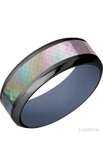 8 mm wide/High Bevel/Zirconium band with one 4 mm Centered inlay of Black Mother of Pearl also featuring a Crushed Orchid sleeve.