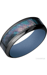 8 mm wide/High Bevel/Zirconium band with one 4 mm Centered inlay of Black Mother of Pearl also featuring a Crushed Orchid sleeve.