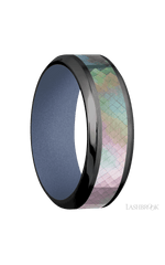 8 mm wide/High Bevel/Zirconium band with one 4 mm Centered inlay of Black Mother of Pearl also featuring a Crushed Orchid sleeve.