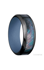 8 mm wide/High Bevel/Zirconium band with one 4 mm Centered inlay of Black Mother of Pearl also featuring a Crushed Orchid sleeve.