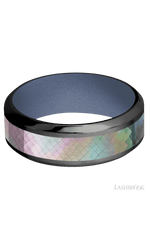 8 mm wide/High Bevel/Zirconium band with one 4 mm Centered inlay of Black Mother of Pearl also featuring a Crushed Orchid sleeve.