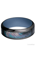 8 mm wide/High Bevel/Zirconium band with one 4 mm Centered inlay of Black Mother of Pearl also featuring a Crushed Orchid sleeve.