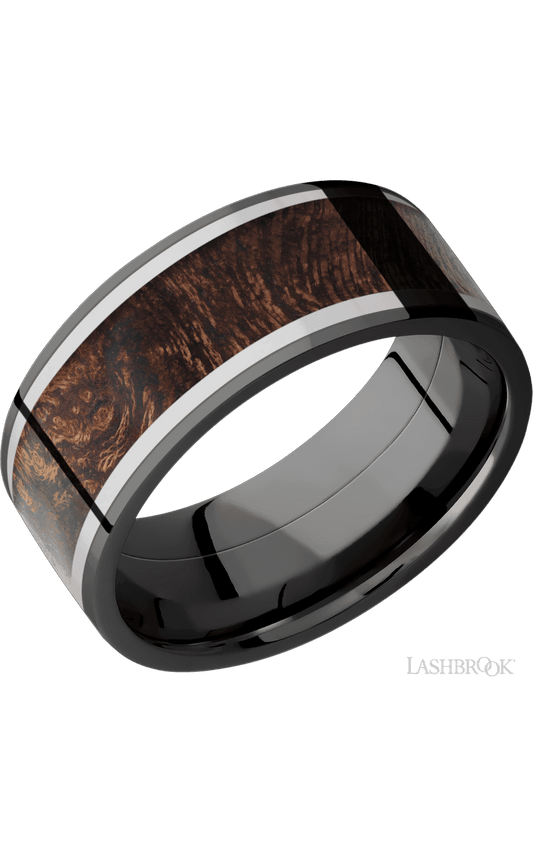9 mm wide/Flat/Zirconium band featuring inlays of Titanium and Sapele.