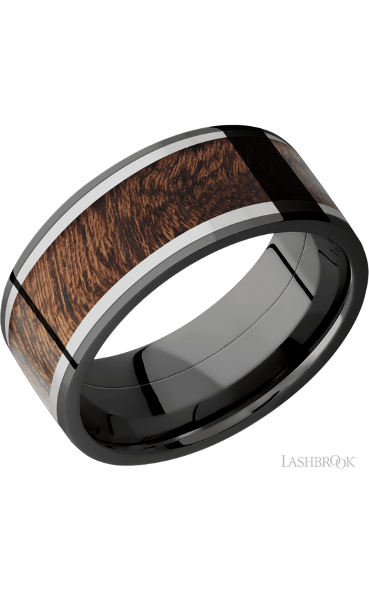 9 mm wide/Flat/Zirconium band featuring inlays of Titanium and Sapele.