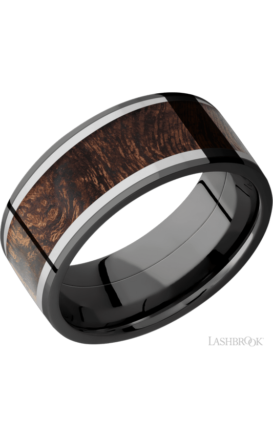 9 mm wide/Flat/Zirconium band featuring inlays of Titanium and Sapele.