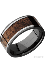 9 mm wide/Flat/Zirconium band featuring inlays of Titanium and Sapele.