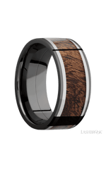 9 mm wide/Flat/Zirconium band featuring inlays of Titanium and Sapele.