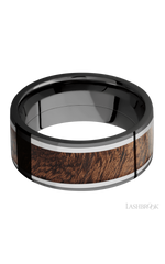 9 mm wide/Flat/Zirconium band featuring inlays of Titanium and Sapele.