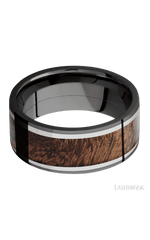 9 mm wide/Flat/Zirconium band featuring inlays of Titanium and Sapele.