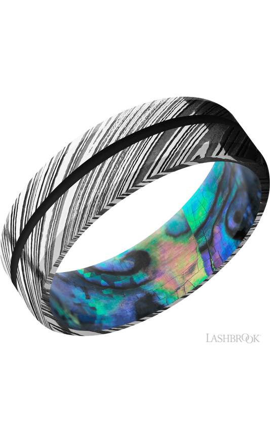 7 mm wide/Beveled/Woodgrain band with one 1 mm Centered inlay of Black also featuring a Abalone sleeve.
