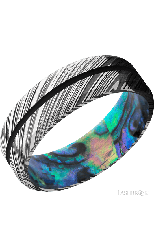 7 mm wide/Beveled/Woodgrain band with one 1 mm Centered inlay of Black also featuring a Abalone sleeve.