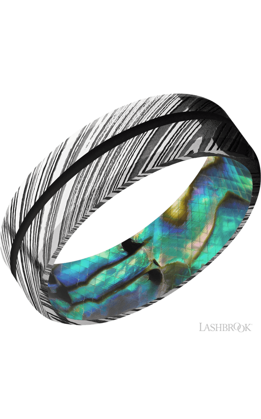 7 mm wide/Beveled/Woodgrain band with one 1 mm Centered inlay of Black also featuring a Abalone sleeve.