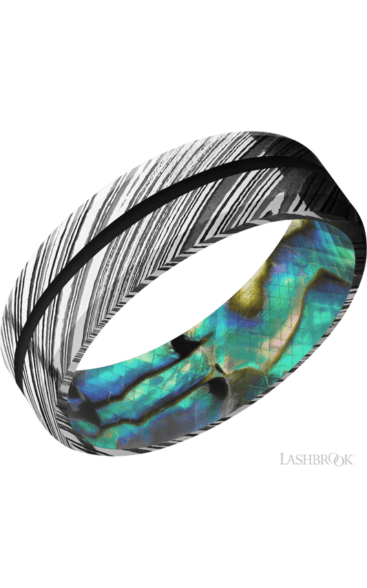 7 mm wide/Beveled/Woodgrain band with one 1 mm Centered inlay of Black also featuring a Abalone sleeve.