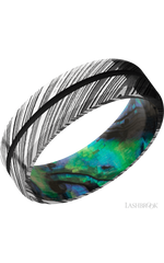 7 mm wide/Beveled/Woodgrain band with one 1 mm Centered inlay of Black also featuring a Abalone sleeve.