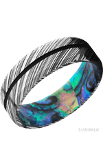 7 mm wide/Beveled/Woodgrain band with one 1 mm Centered inlay of Black also featuring a Abalone sleeve.