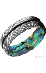 7 mm wide/Beveled/Woodgrain band with one 1 mm Centered inlay of Black also featuring a Abalone sleeve.