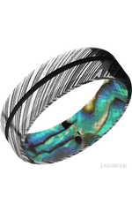 7 mm wide/Beveled/Woodgrain band with one 1 mm Centered inlay of Black also featuring a Abalone sleeve.