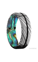 7 mm wide/Beveled/Woodgrain band with one 1 mm Centered inlay of Black also featuring a Abalone sleeve.