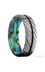 7 mm wide/Beveled/Woodgrain band with one 1 mm Centered inlay of Black also featuring a Abalone sleeve.