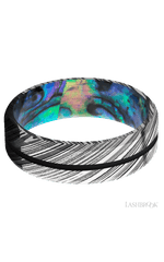 7 mm wide/Beveled/Woodgrain band with one 1 mm Centered inlay of Black also featuring a Abalone sleeve.