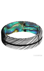 7 mm wide/Beveled/Woodgrain band with one 1 mm Centered inlay of Black also featuring a Abalone sleeve.