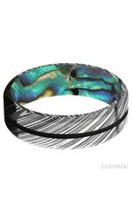 7 mm wide/Beveled/Woodgrain band with one 1 mm Centered inlay of Black also featuring a Abalone sleeve.