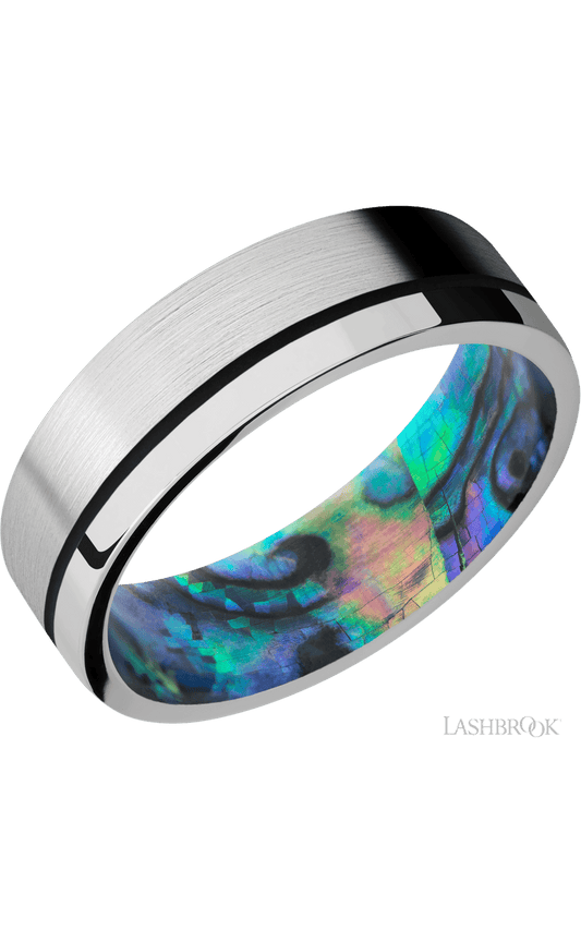 7 mm wide/Flat/14K White Gold band with one 0.5 mm Off Center inlay of Black also featuring a Abalone sleeve.