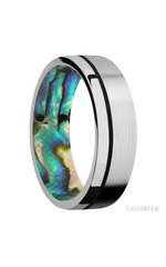 7 mm wide/Flat/14K White Gold band with one 0.5 mm Off Center inlay of Black also featuring a Abalone sleeve.