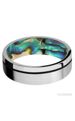 7 mm wide/Flat/14K White Gold band with one 0.5 mm Off Center inlay of Black also featuring a Abalone sleeve.