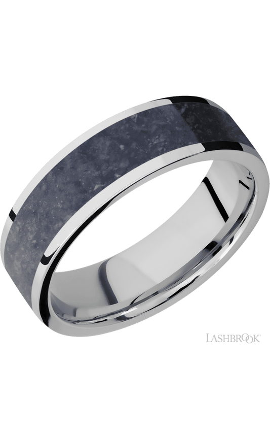 7 mm wide/Flat/Cobalt Chrome band with one 5 mm Centered inlay of Sodalite.
