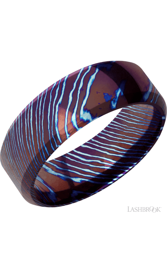 8 mm wide High Bevel Titanium Damascus band.