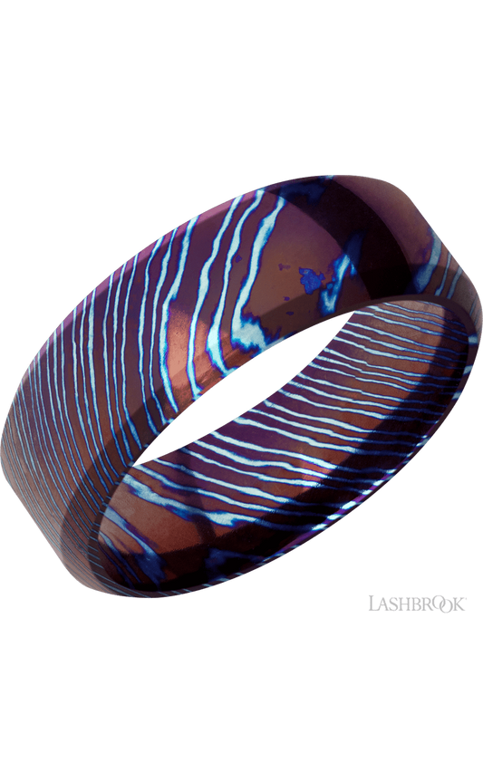 8 mm wide High Bevel Titanium Damascus band.