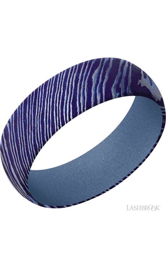 7 mm wide Domed Titanium Damascus band featuring a Crushed Orchid sleeve.
