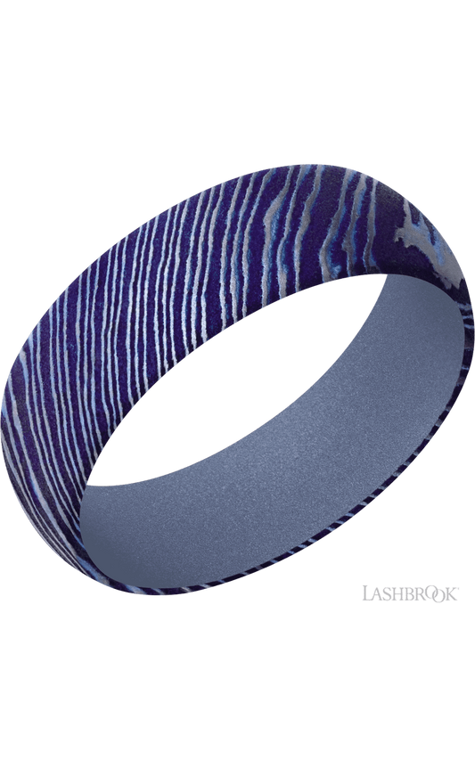 7 mm wide Domed Titanium Damascus band featuring a Crushed Orchid sleeve.