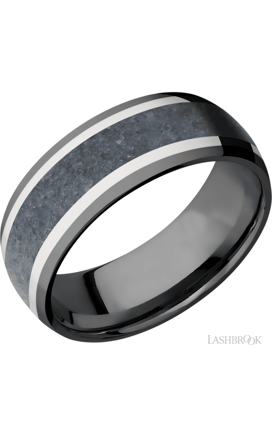 8 mm wide/Domed/Zirconium band featuring inlays of 14K White Gold and Blue Sapphire.