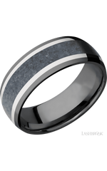 8 mm wide/Domed/Zirconium band featuring inlays of 14K White Gold and Blue Sapphire.