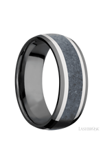 8 mm wide/Domed/Zirconium band featuring inlays of 14K White Gold and Blue Sapphire.