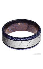 8 mm wide/Beveled/Titanium Damascus band with one 5 mm Centered inlay of Meteorite.