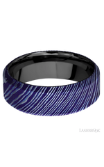 8 mm wide High Bevel Titanium Damascus band featuring a Zirconium sleeve.