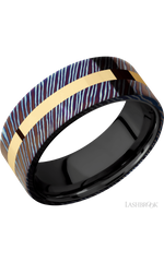 8 mm wide/Flat/Titanium Damascus band with one 2 mm Centered inlay of 14K Yellow Gold also featuring a Zirconium sleeve.