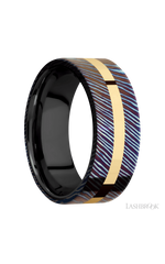 8 mm wide/Flat/Titanium Damascus band with one 2 mm Centered inlay of 14K Yellow Gold also featuring a Zirconium sleeve.