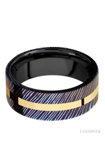 8 mm wide/Flat/Titanium Damascus band with one 2 mm Centered inlay of 14K Yellow Gold also featuring a Zirconium sleeve.