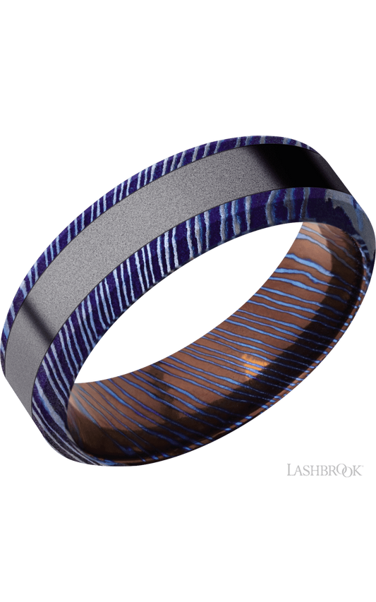 7 mm wide/High Bevel/Titanium Damascus band with one 3 mm Centered inlay of Tantalum.