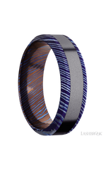 7 mm wide/High Bevel/Titanium Damascus band with one 3 mm Centered inlay of Tantalum.